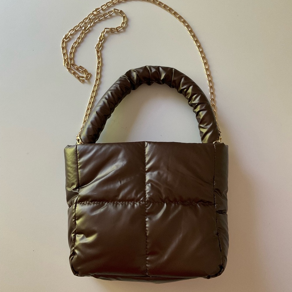 NEW Puffy Nylon Bag Quilted Puffer Small Bucket Tote Chain Straps Handle Brown